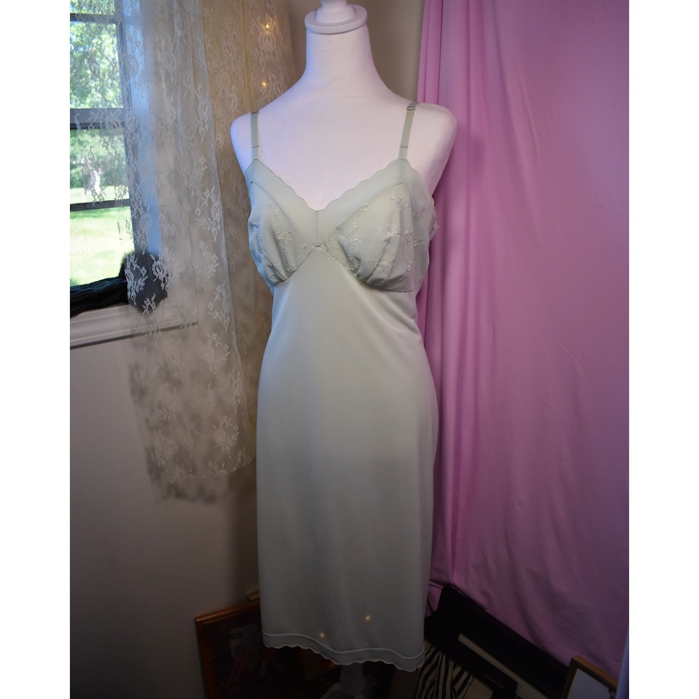 Vintage Mint Green Embroidered Slip Dress Floral Scallop Trim Midi Lingerie